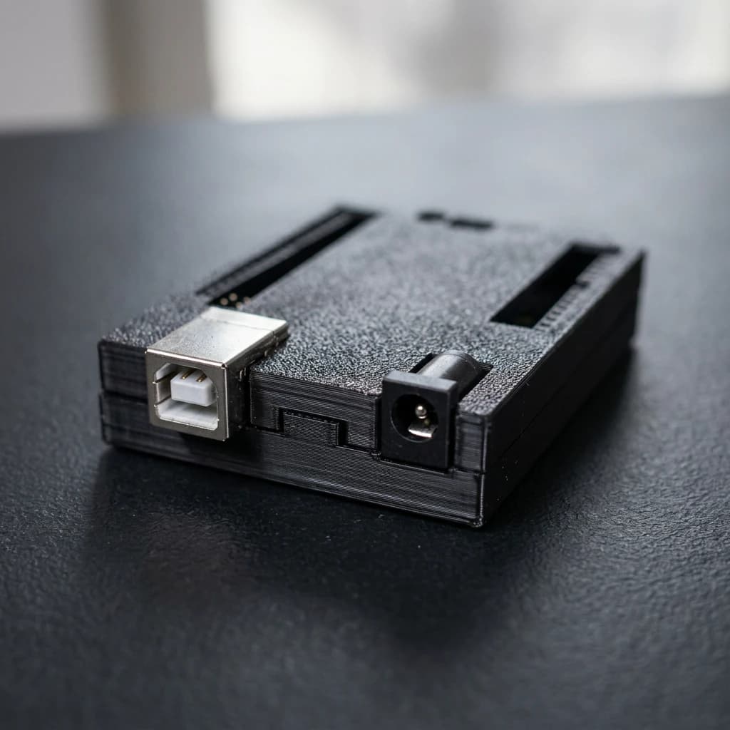 Собранный чёрный корпус с платой Arduino Uno: наружу выходят разъём USB и гнездо питания